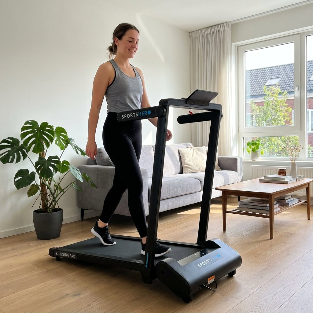 Vrouw loopt op een loopband met ingestelde helling, zonder harder te lopen
